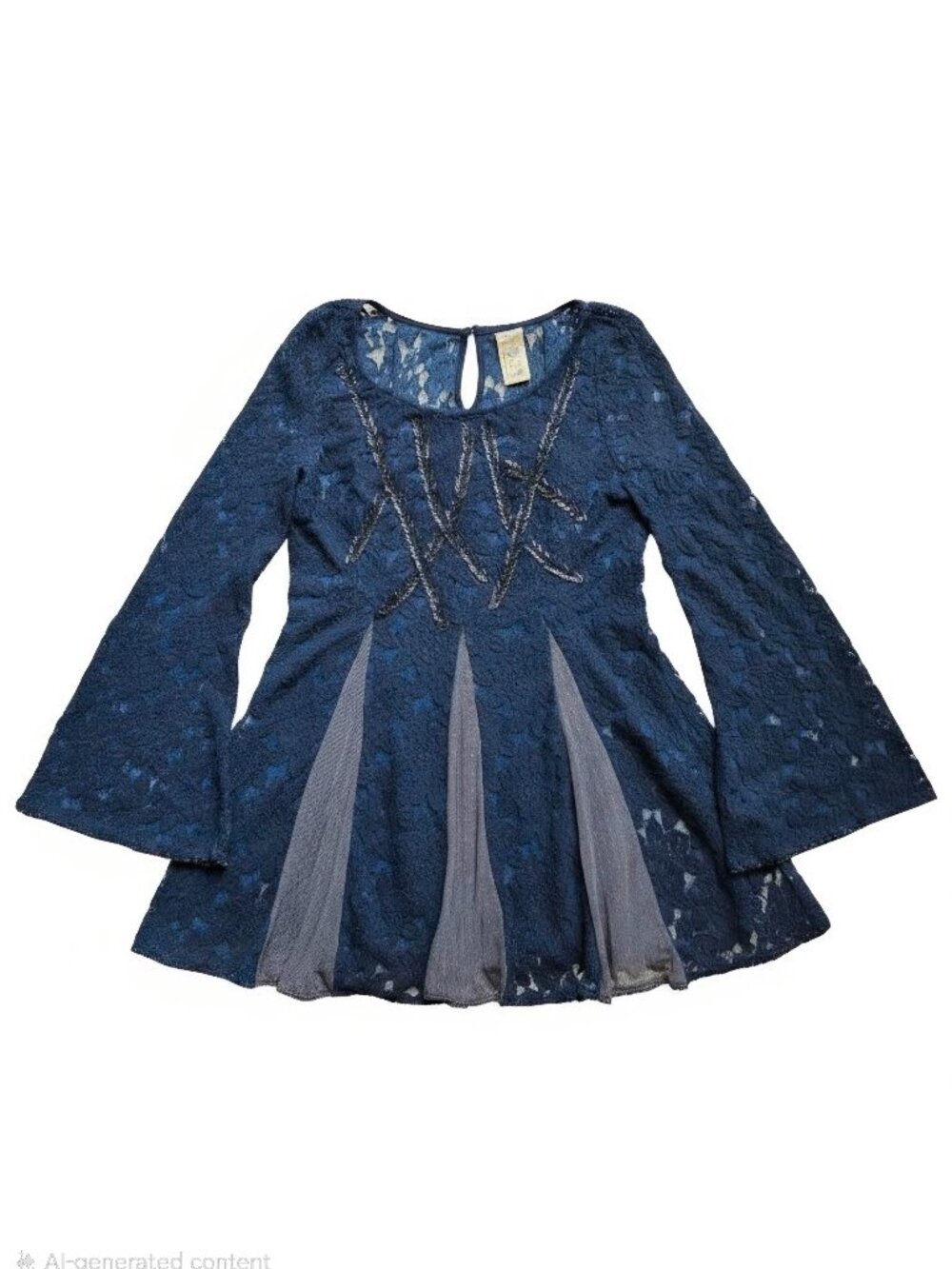 Free People Blue Lace Long Sleeve Sequin Fit & Flare Mini Dress Boho Skater Sz S